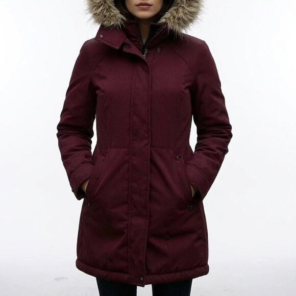 Hollister Thermore Faux Fur Hooded Parka XS Burgundy All-Weather 3/4 Coat - Picture 1 of 13